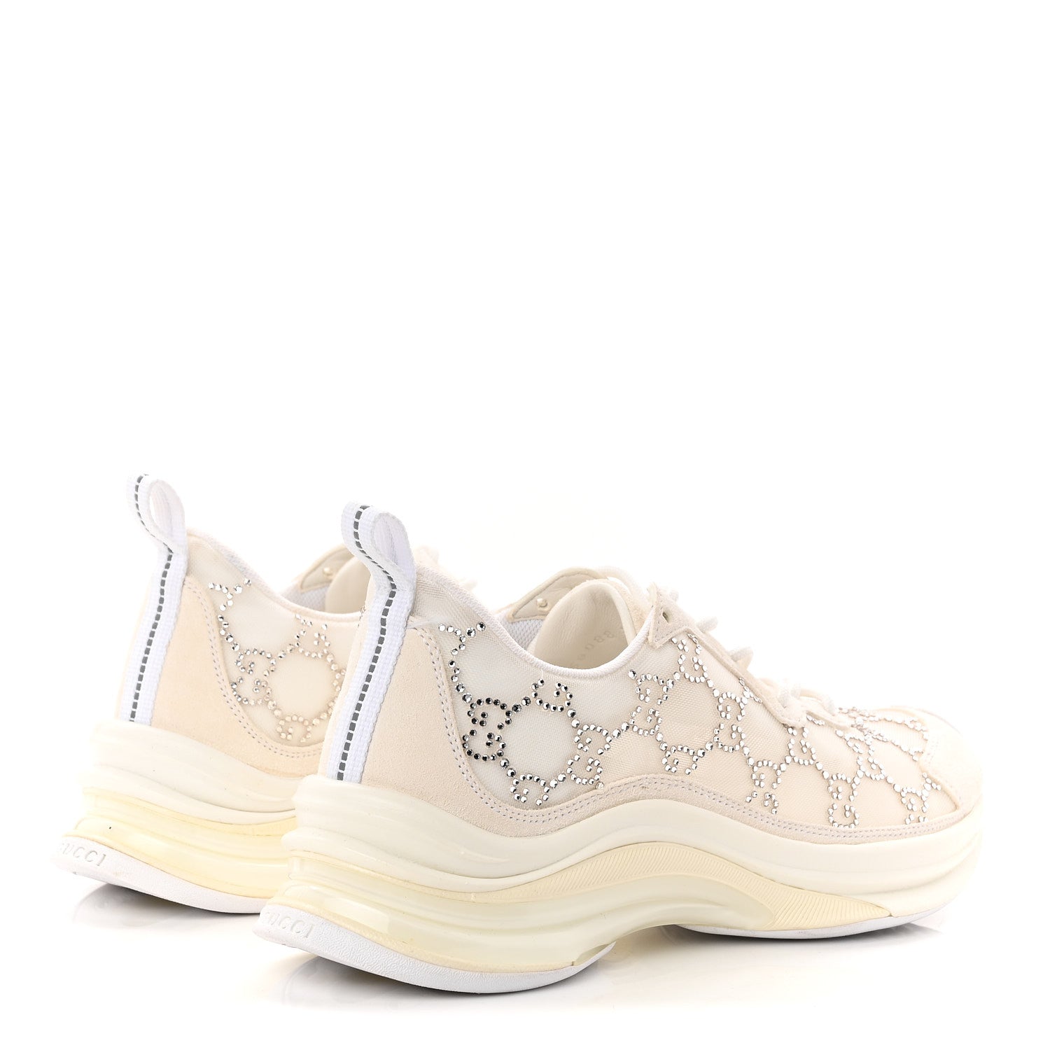 Tela Retino Mesh Crystal Suede GG Monogram Womens Gucci Run Sneakers 37.5 Off White Silver