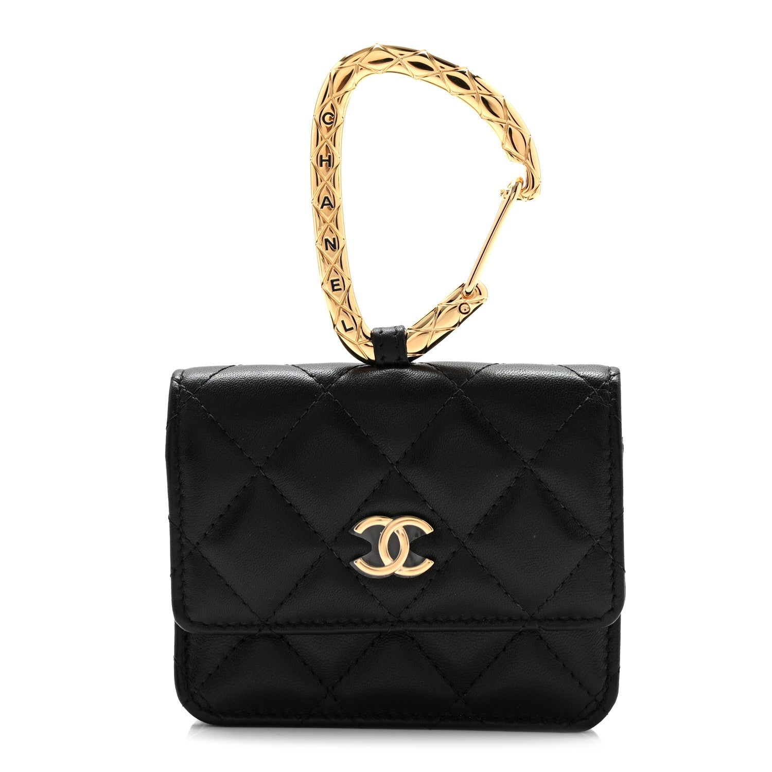 Lambskin Quilted CC Hook Card Holder Black