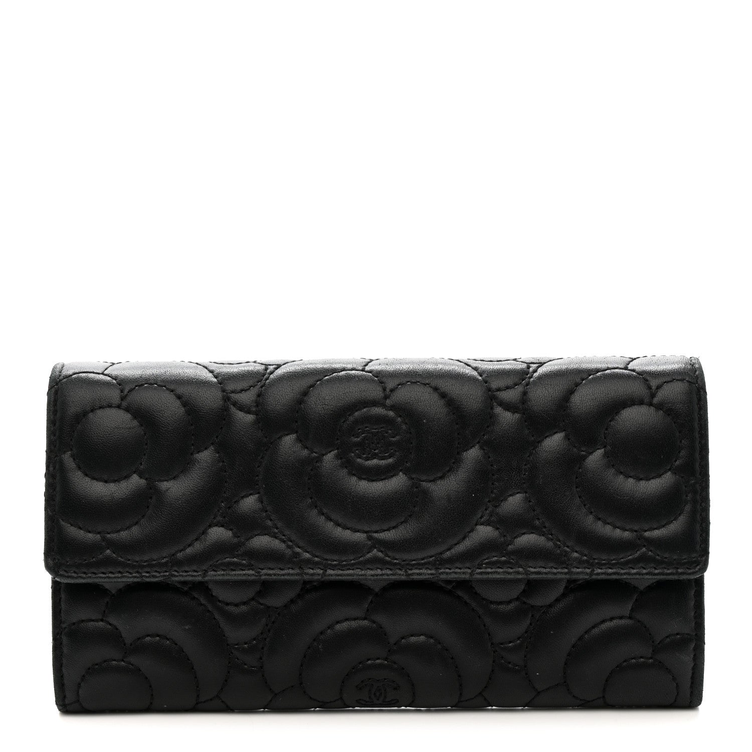 Lambskin Embossed Camellia Flap Wallet Black
