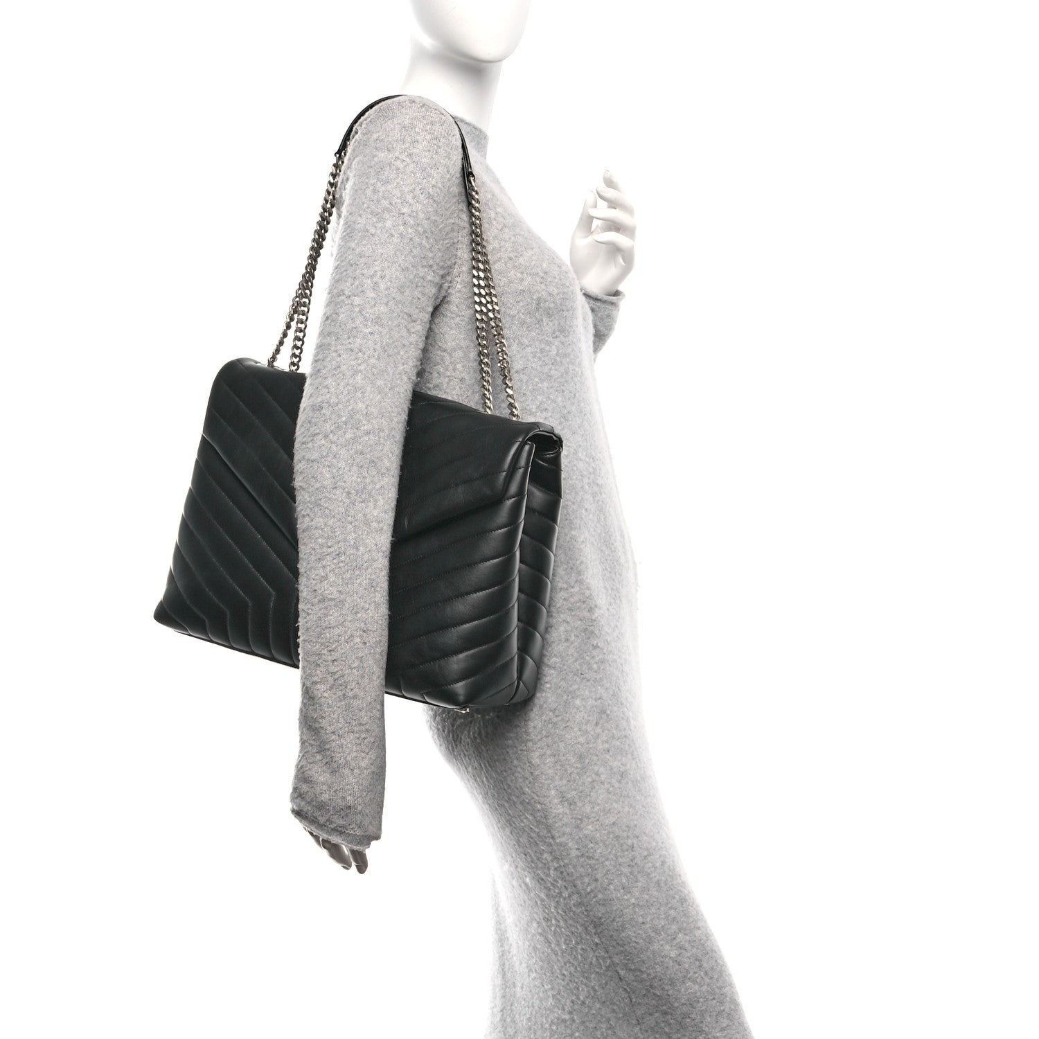 Calfskin Y Quilted Monogram Large Loulou Chain Satchel Black