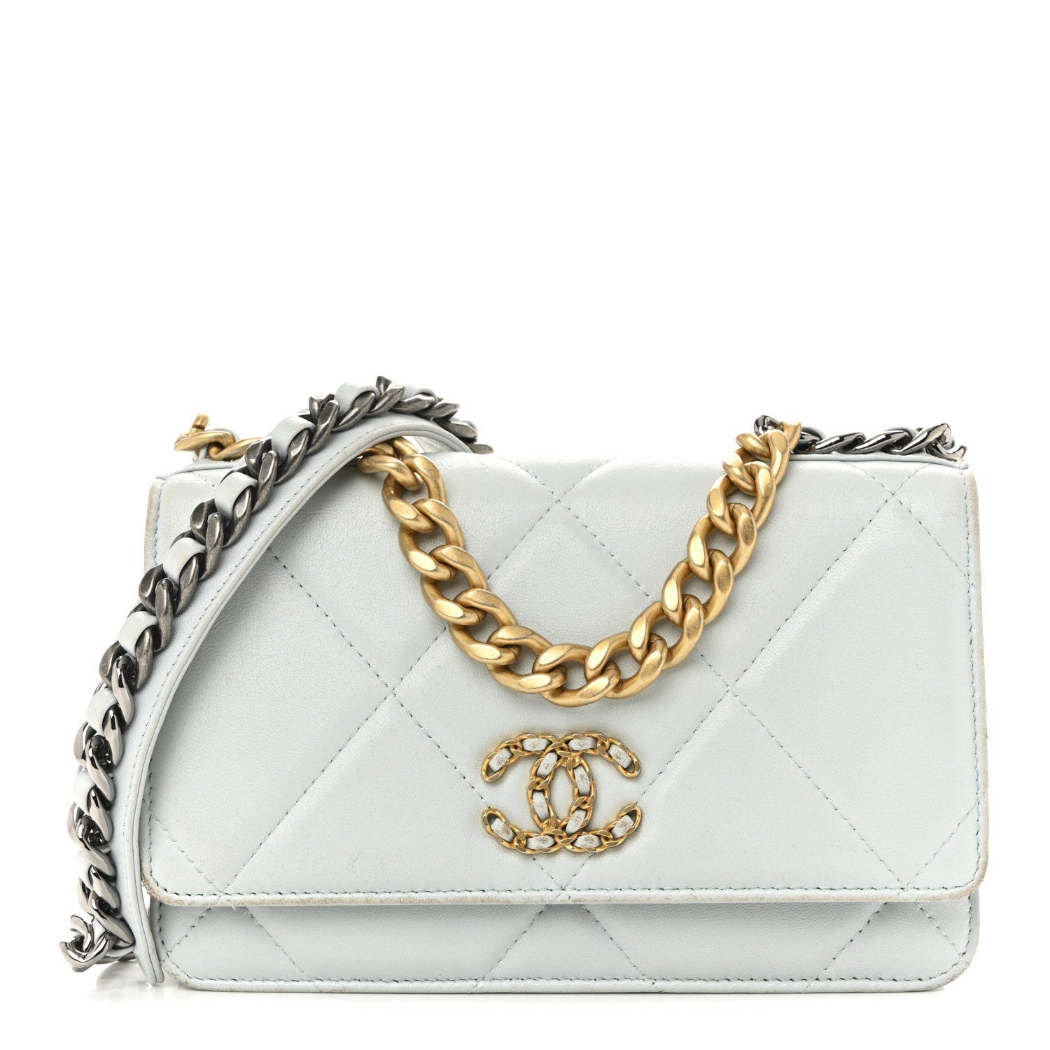 Lambskin Quilted Chanel 19 Wallet On Chain WOC Light Blue