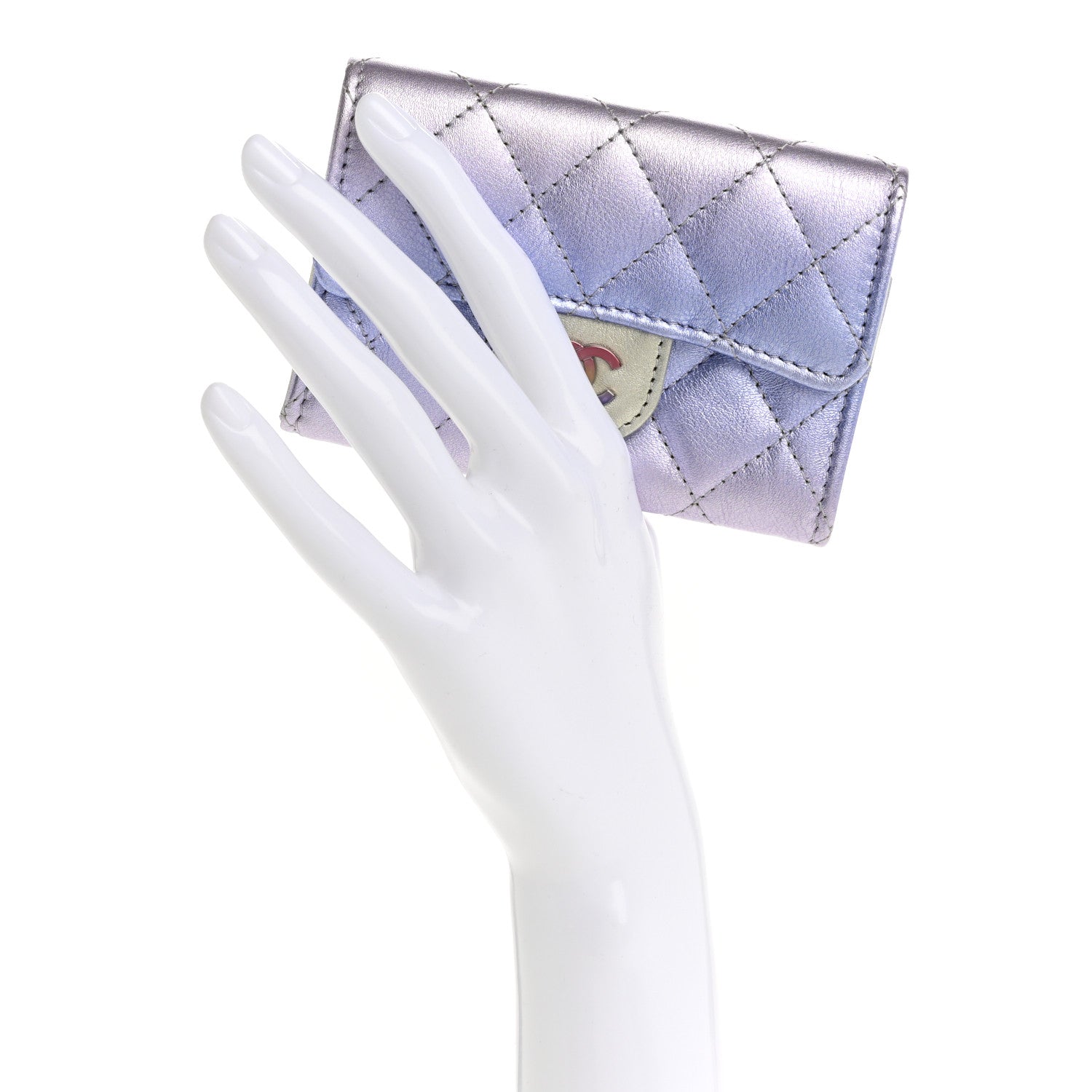Gradient Metallic Calfskin Quilted Flap Card Holder Wallet Silver Blue Yellow Purple
