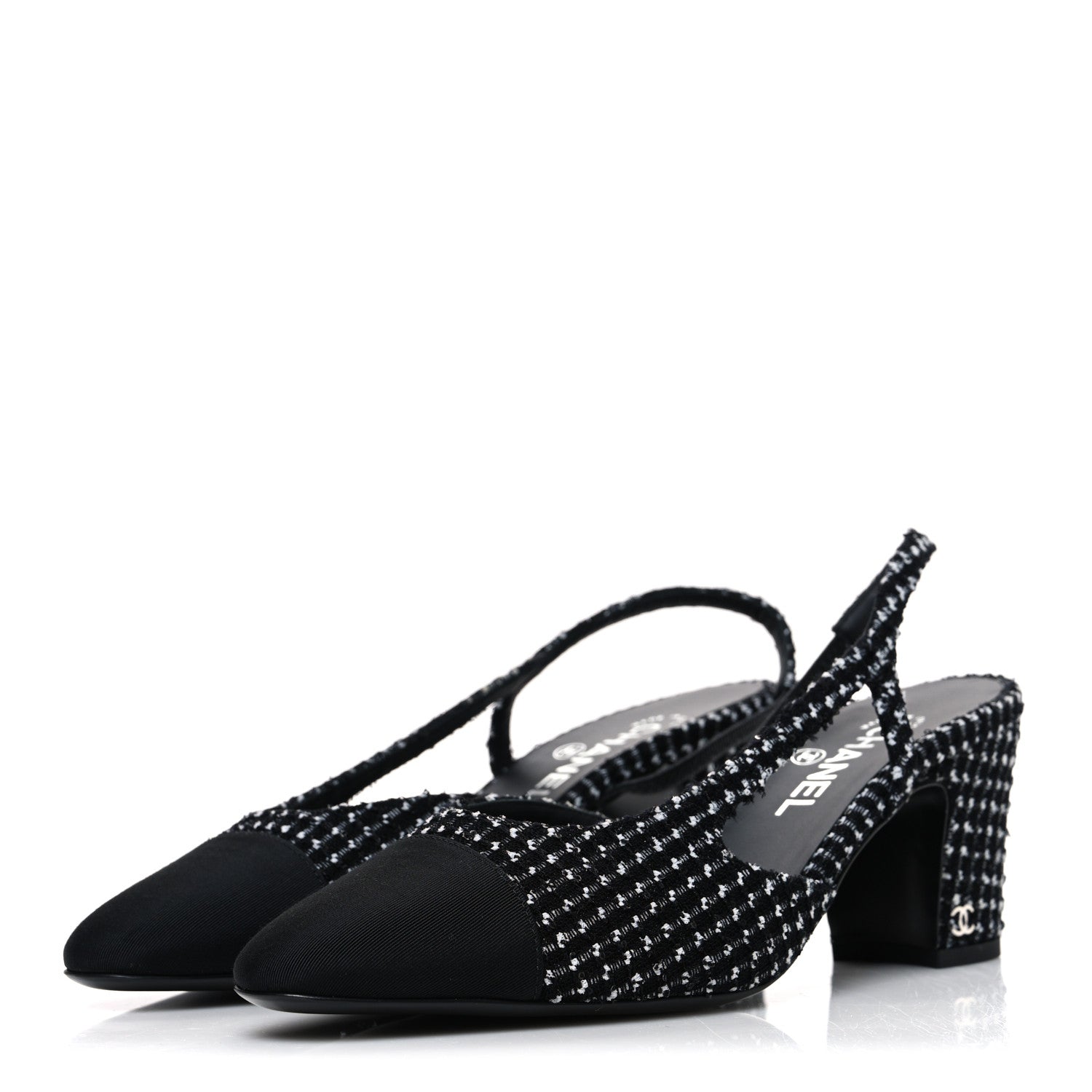 Tweed Grosgrain Cap Toe CC Slingback Pumps 40.5 Black White
