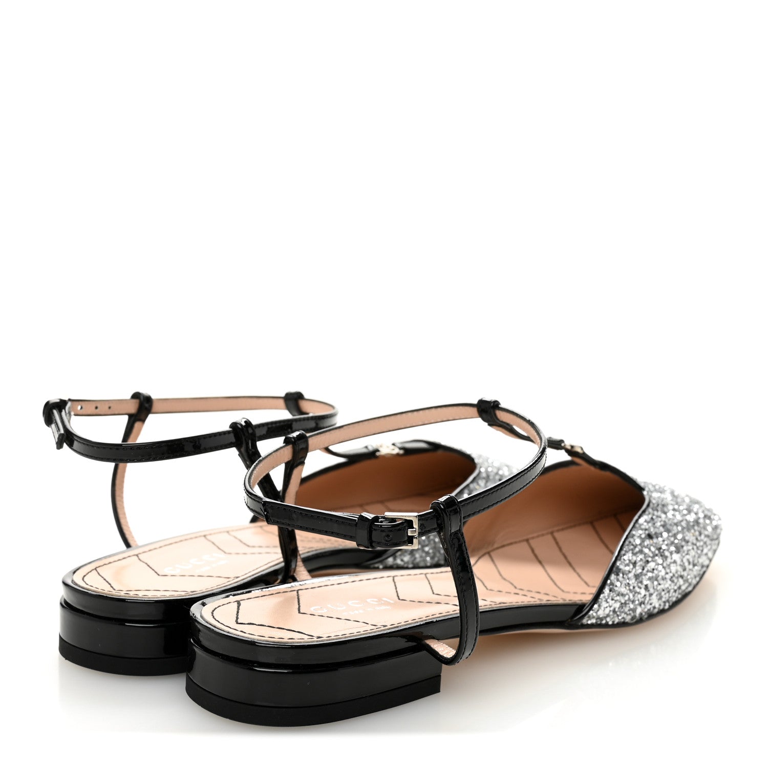 Calfskin Glitter Double G Slingback Flats 39 Silver Black