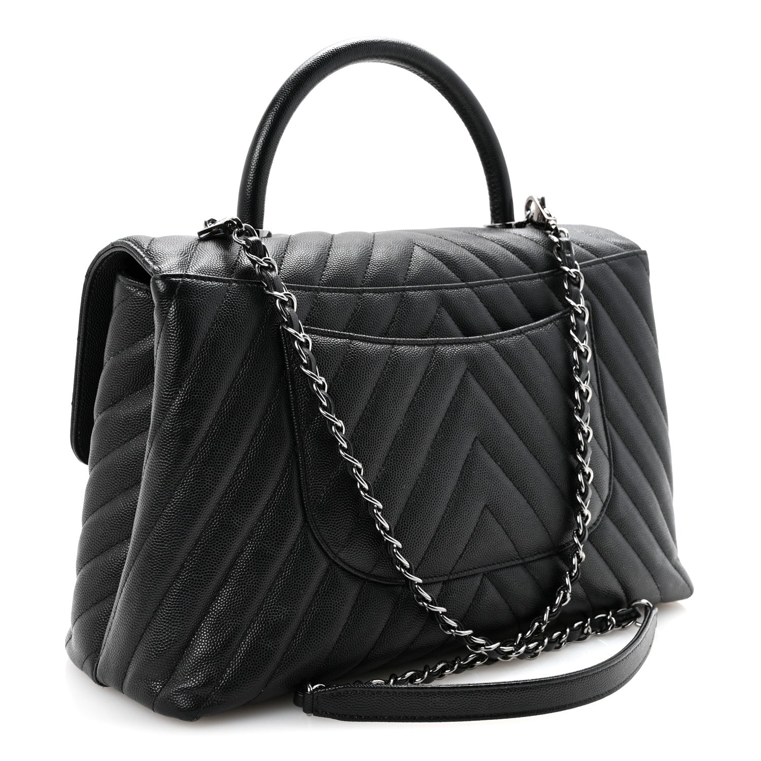 Caviar Chevron Quilted Medium Coco Handle Flap Black