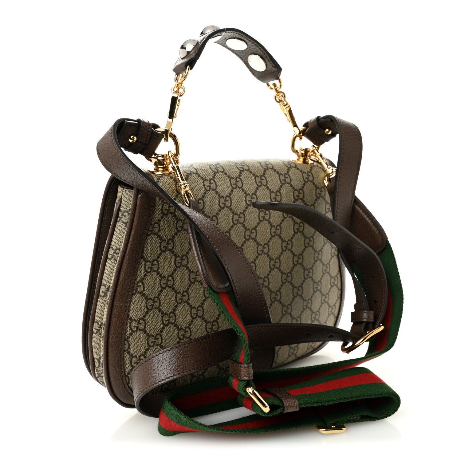 GG Supreme Monogram Textured Dollar Calfskin Web Medium Blondie Top Handle Shoulder Flap Bag Beige Ebony New Acero
