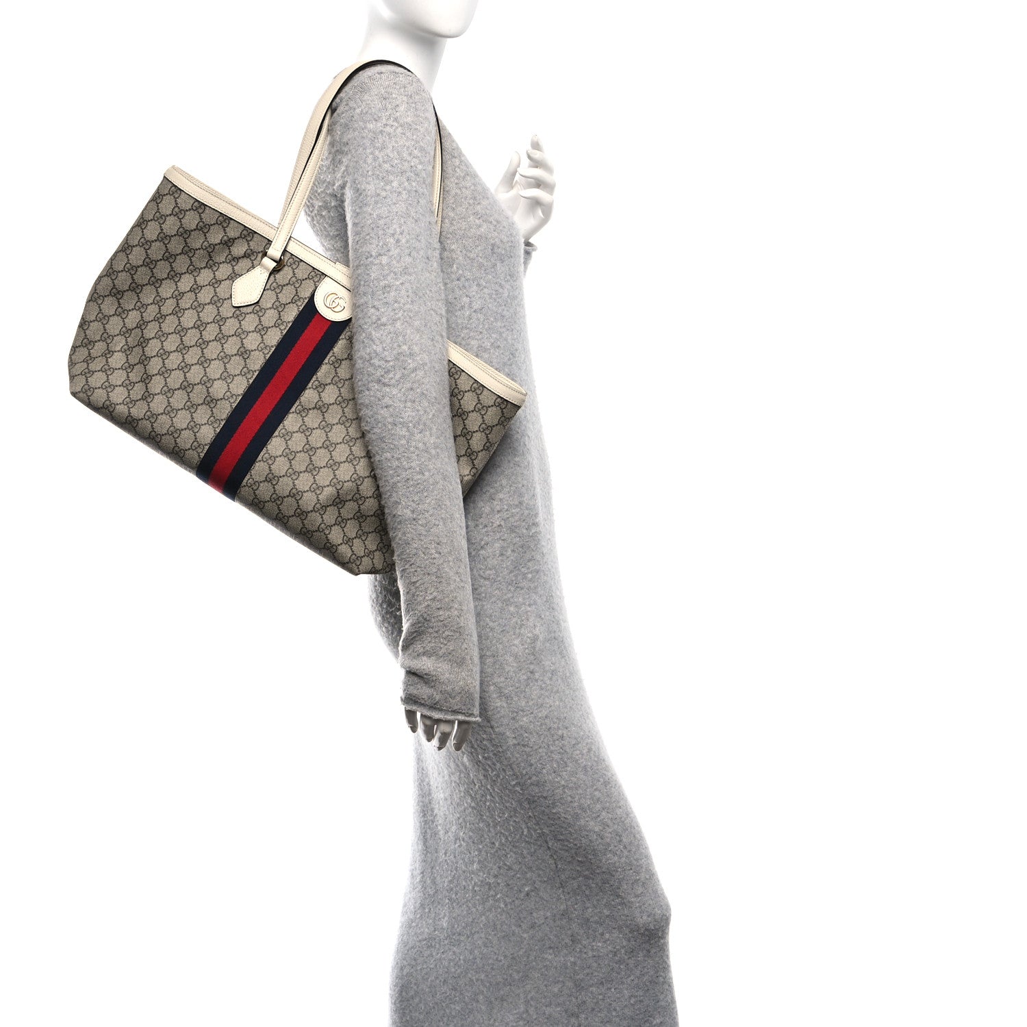 GG Supreme Monogram Textured Dollar Calfskin Web Medium Ophidia Shopping Tote Beige Ebony Mystic White