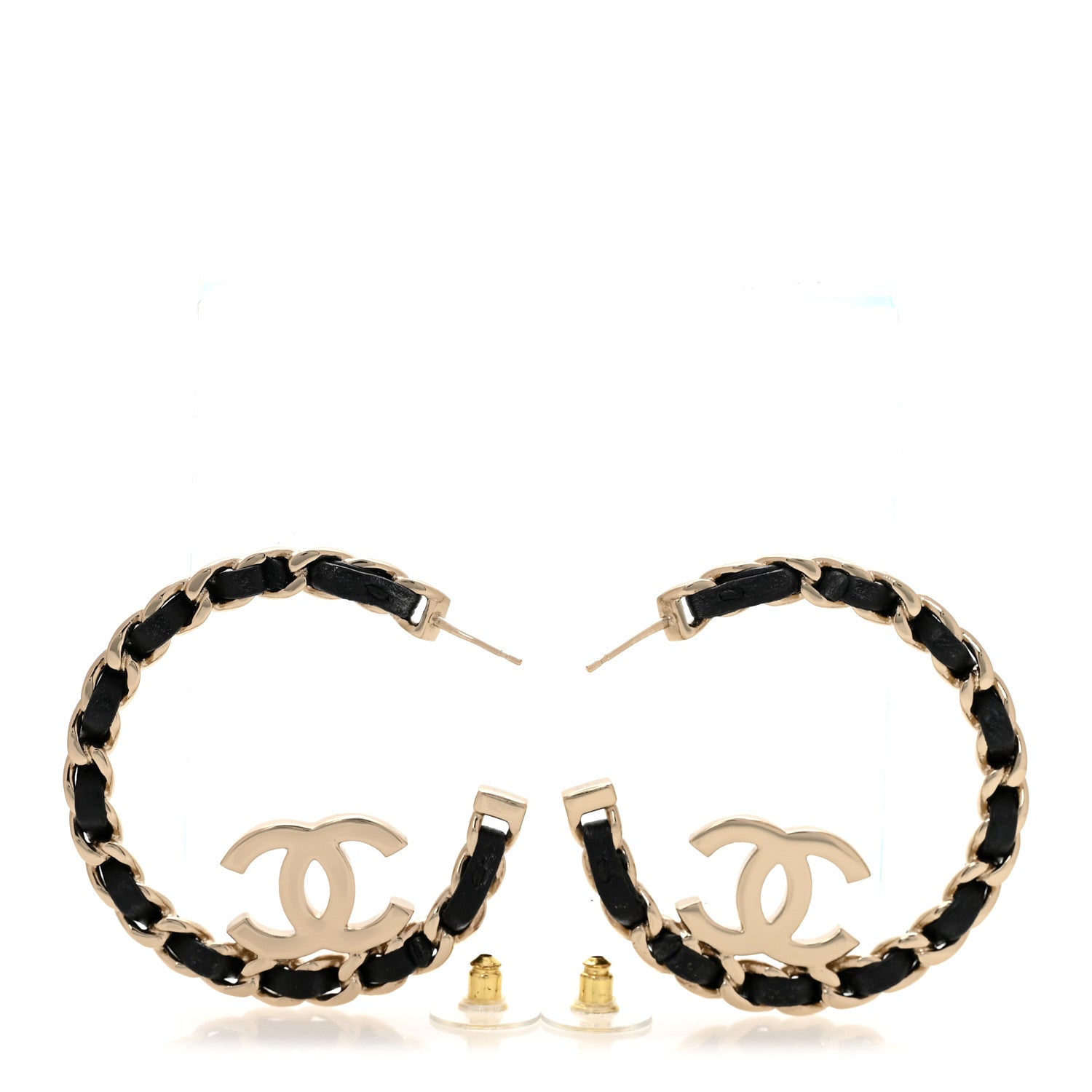 Metal Lambskin Quilted CC Chain Hoop Earrings Gold Black