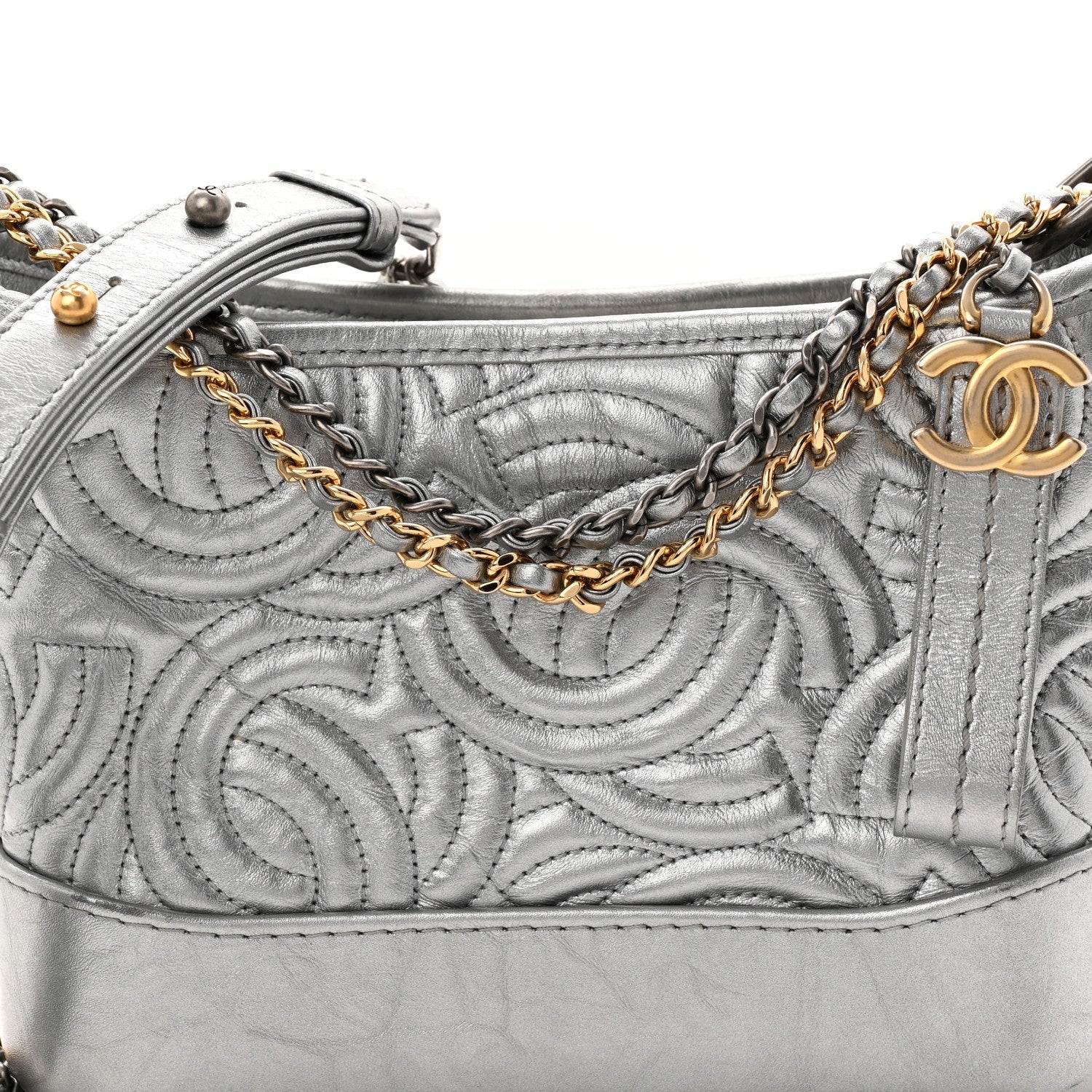 Metallic Aged Calfskin CC Quilted Small Gabrielle Hobo Dark Silver
