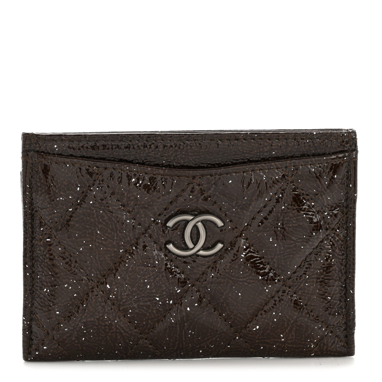 Distressed Patent Quilted Card Holder Dark Brown