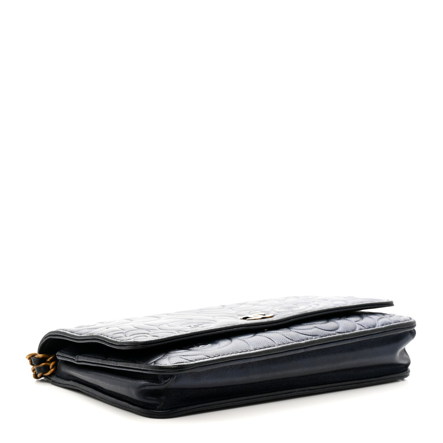 Metallic Lambskin Camellia Embossed Wallet on Chain WOC Navy