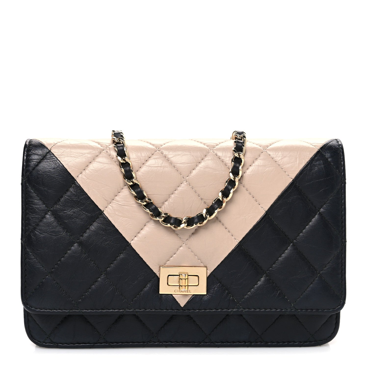 Aged Calfskin Quilted Reissue Wallet On Chain WOC Beige Black