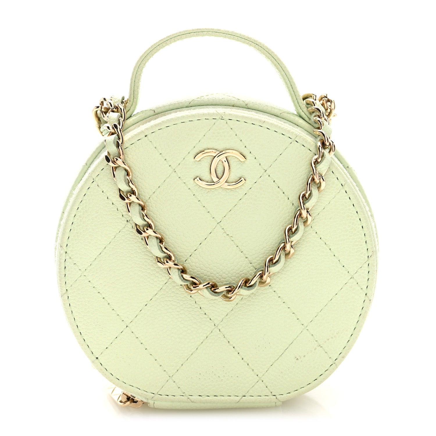 Caviar Quilted Round Handle With Care Vanity With Chain Light Green