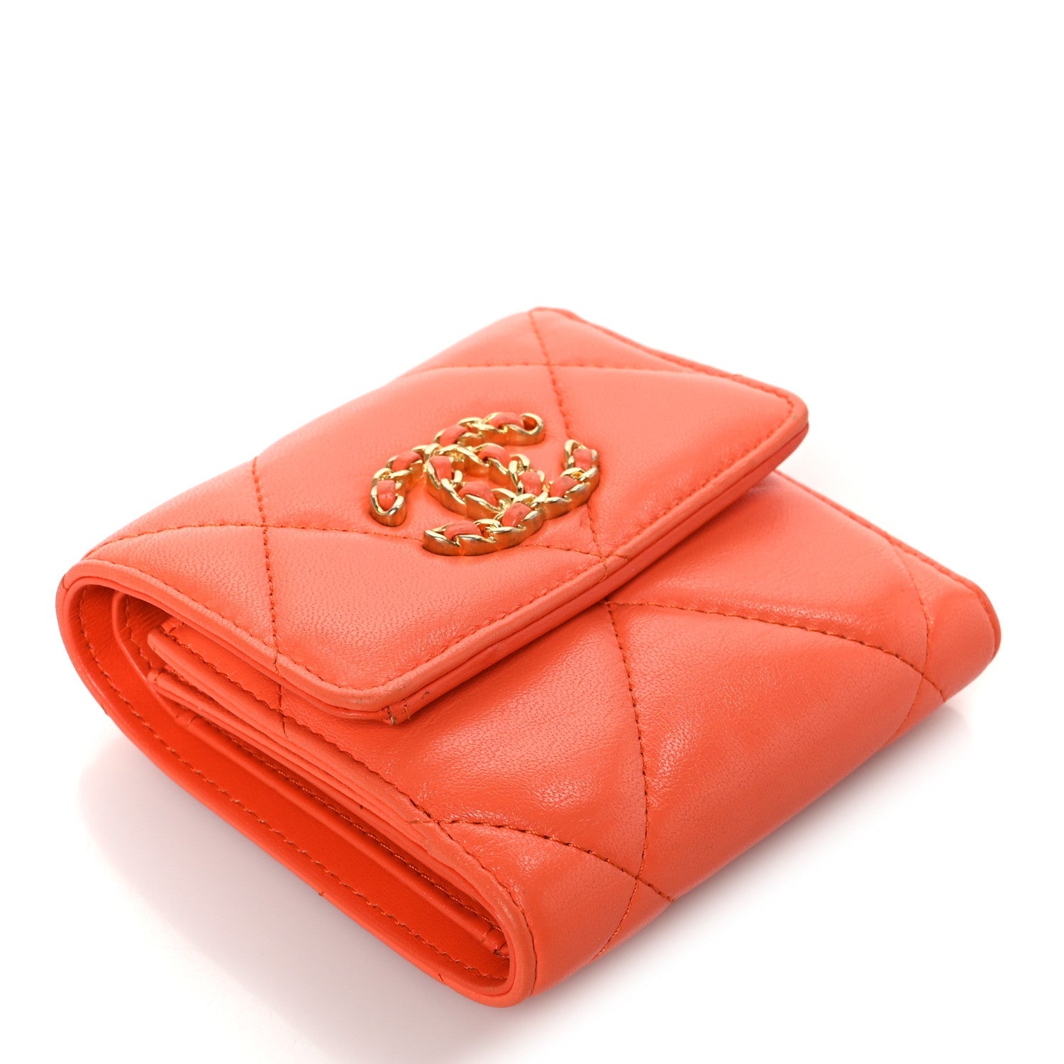 Goatskin Quilted Chanel 19 Small Flap Wallet Orange
