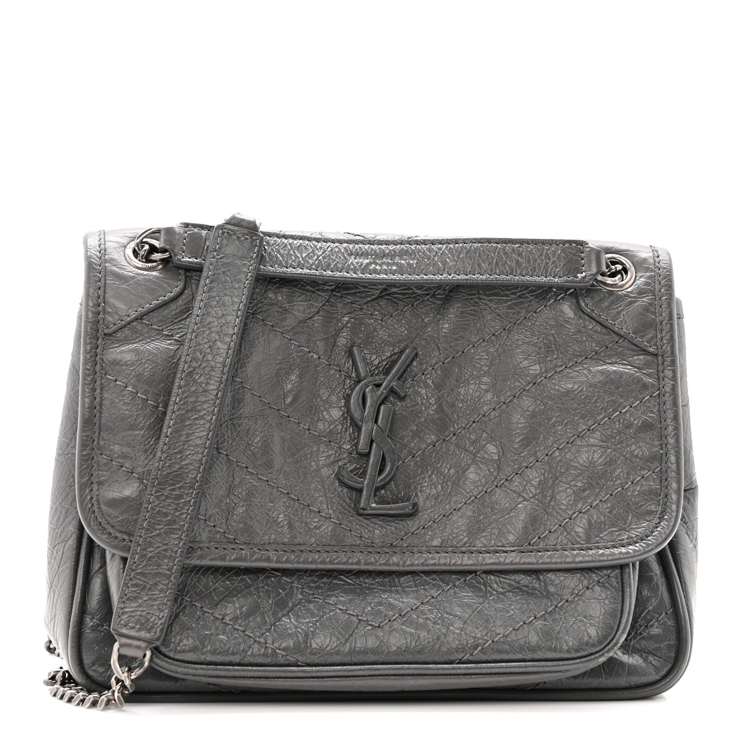 Crinkled Calfskin Matelasse Monogram Baby Niki Chain Satchel Storm