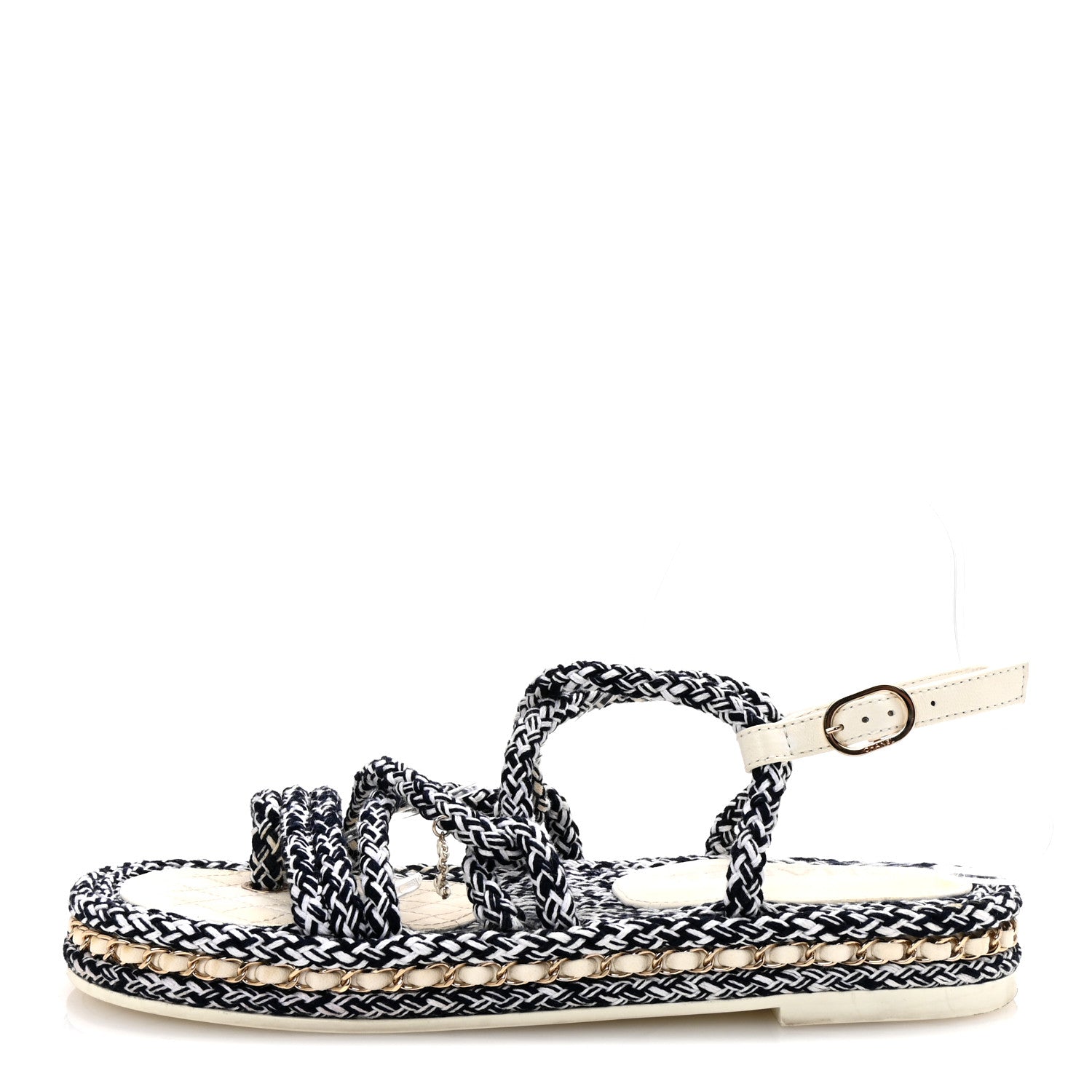 Cord Lambskin Quilted Logo Sandals 39 Navy Blue White