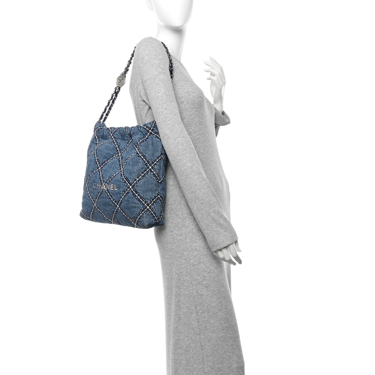 Denim Quilted Stitched Small Chanel 22 Blue
