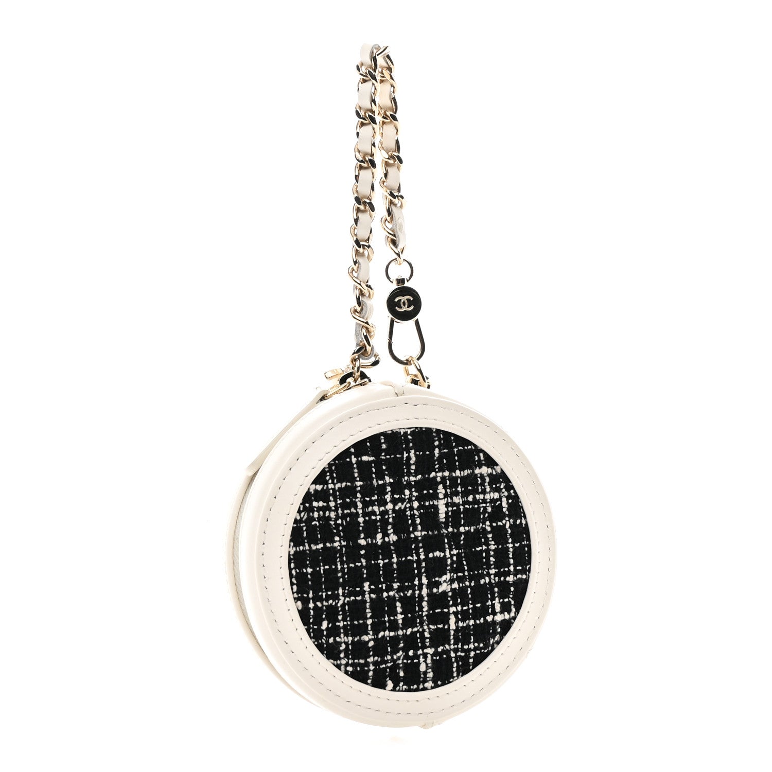 Tweed Quilted Round Filigree Pouch With Chain White Black