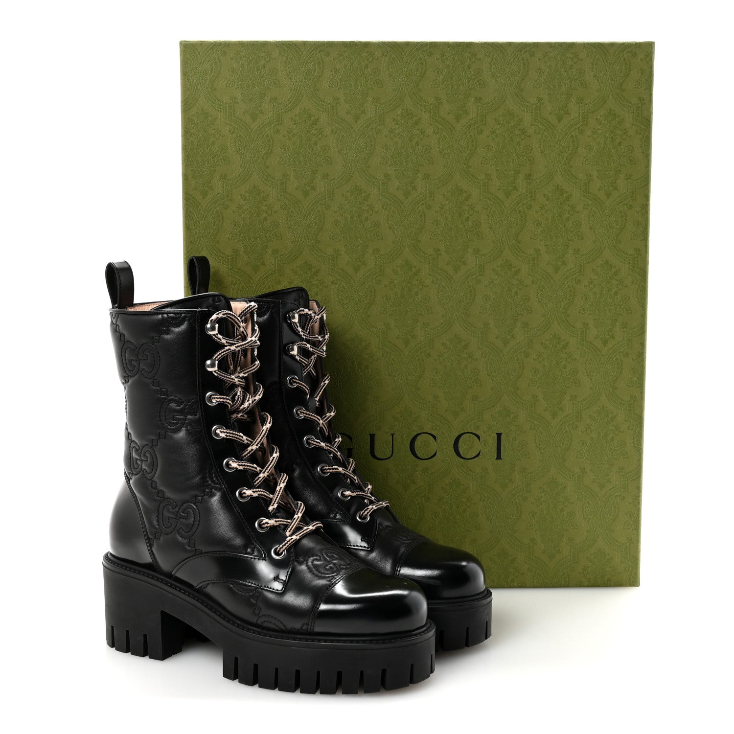 Cordovan Lux Nappa GG Matelasse Lace Up 60mm Combat Boots 35.5 Black