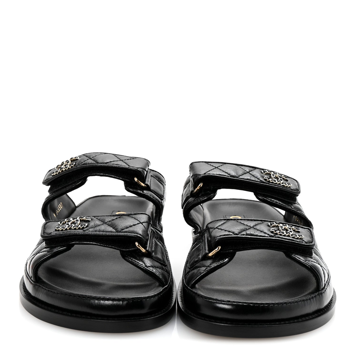 Lambskin Quilted Velcro Dad Chain CC Slide Sandals 38.5 Black