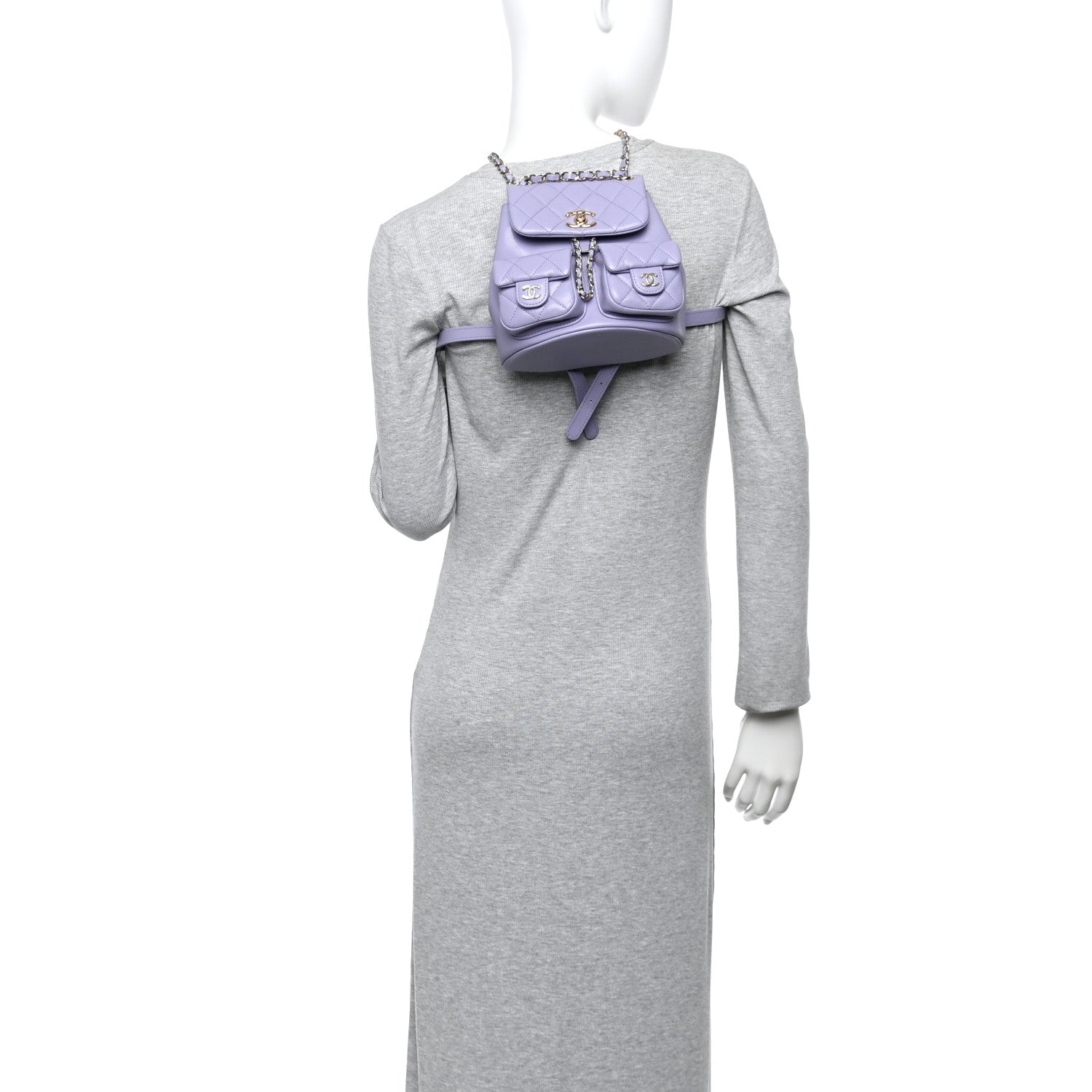 Shiny Caviar Quilted Small Duma Pockets Drawstring Backpack Light Purple