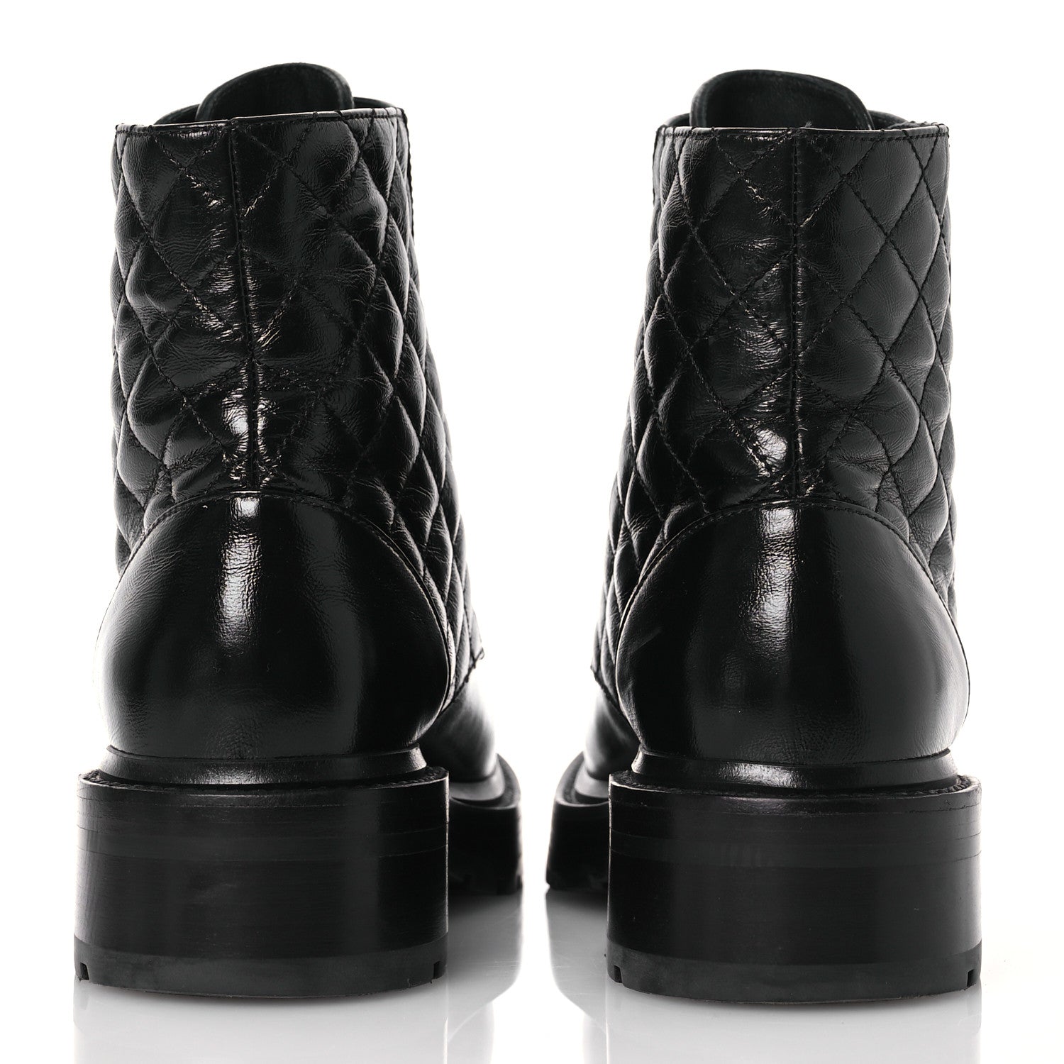 Shiny Calfskin Quilted Lace Up Combat Boots 37 Black