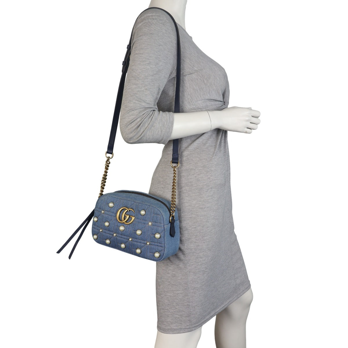 Gucci GG Marmont Small Camera Bag Denim Pearl Studded