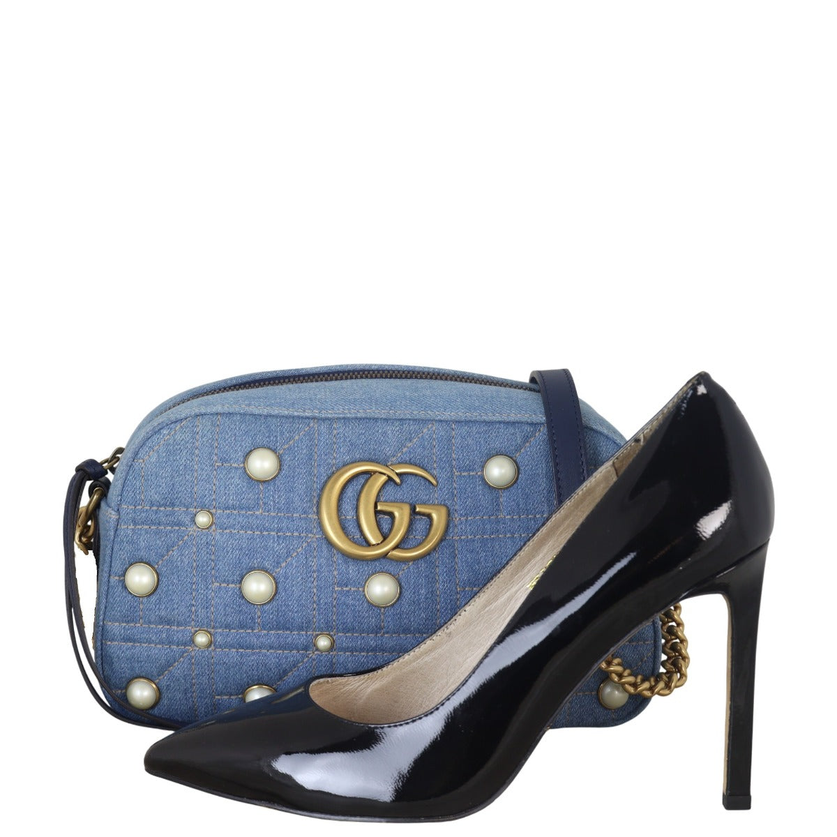 Gucci GG Marmont Small Camera Bag Denim Pearl Studded