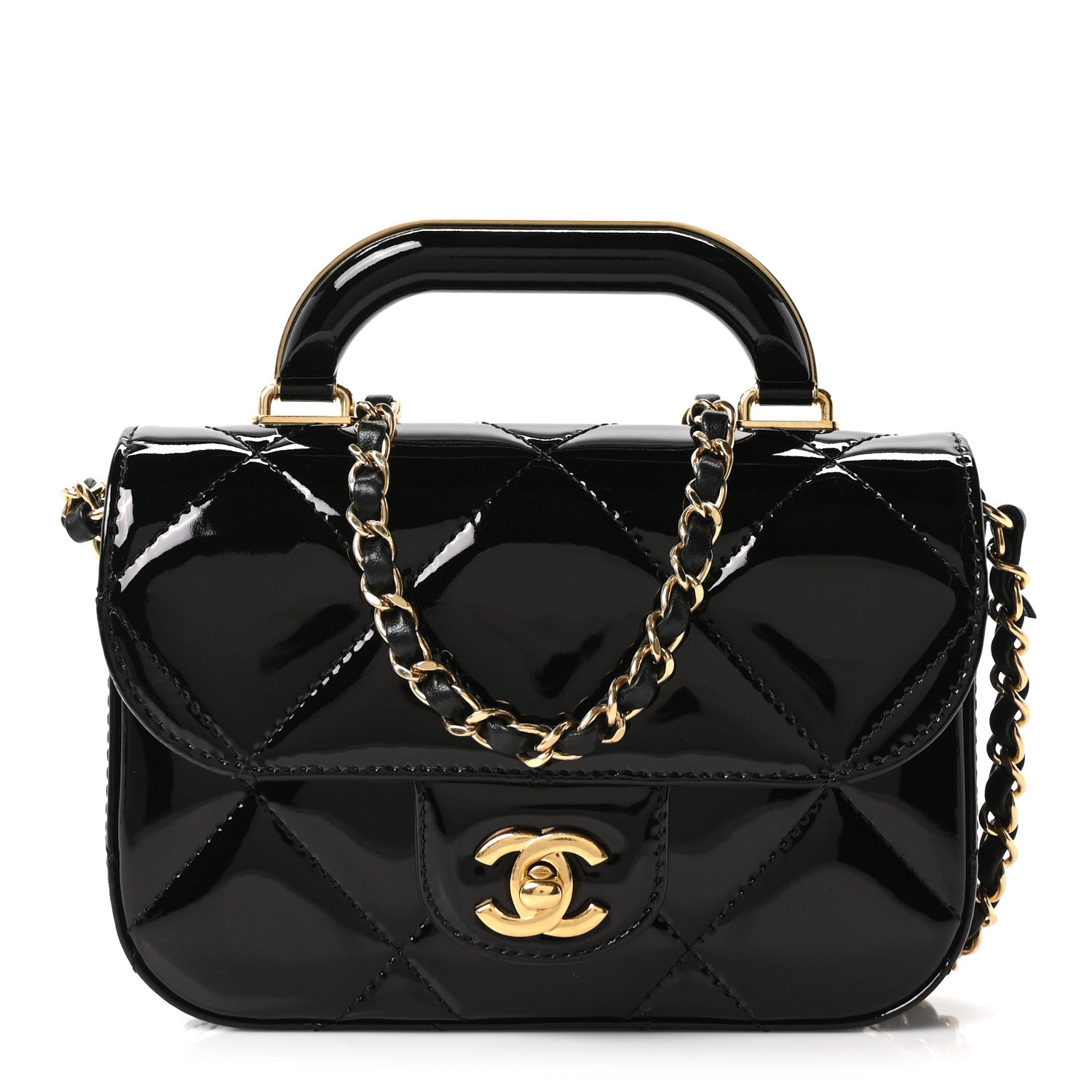 Metallic Mirror Calfskin Mini Top Handle Clutch With Chain  Black
