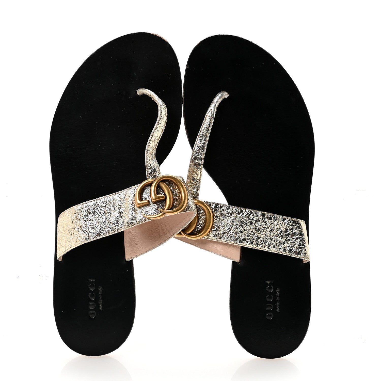 Nappa Silk Galassia GG Marmont Thong Flat Sandals 38.5 Platino