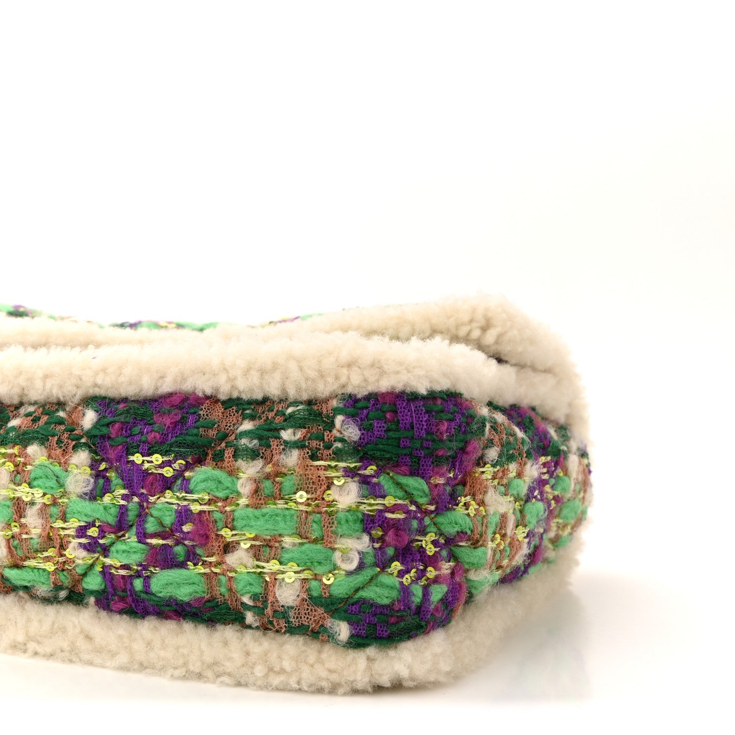 Tweed Shearling Large Flap Bag Green Purple Ecru Brown