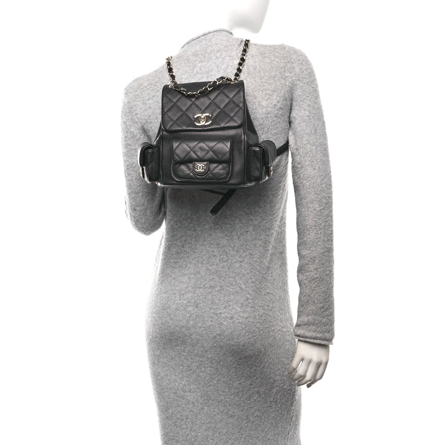 Shiny Caviar Quilted Small Pockets Drawstring Backpack Black