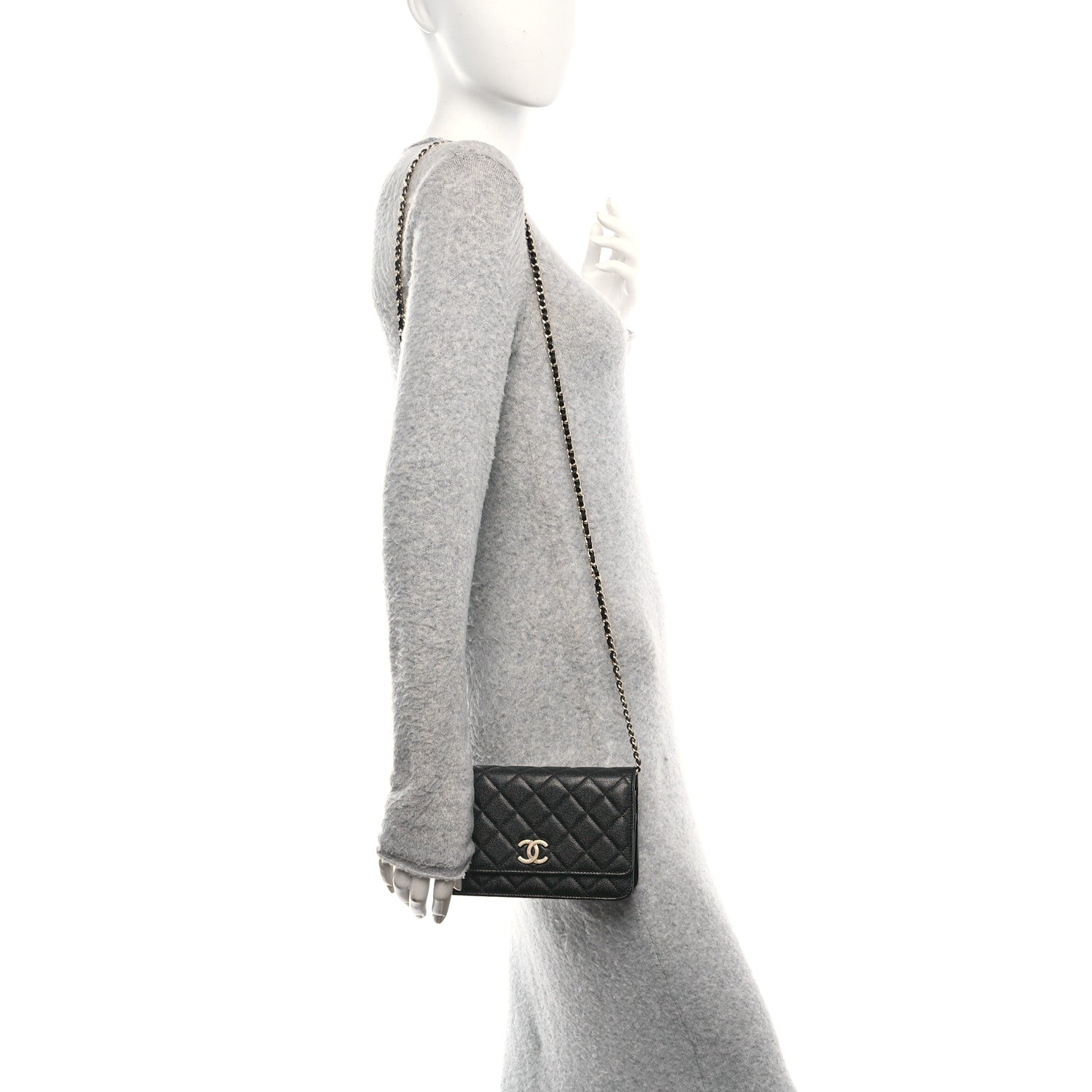 Caviar Quilted Studded CC Wallet on Chain WOC Black