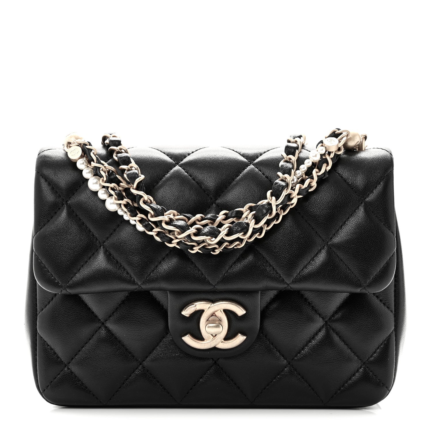 Shiny Lambskin Quilted Pearl Twist Mini Square Flap Black