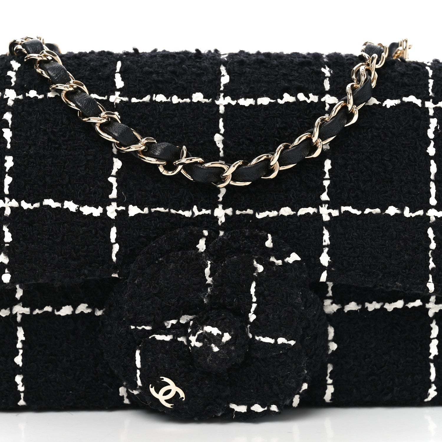 Tweed Quilted Mini Rectangular Camellia Flap Black White