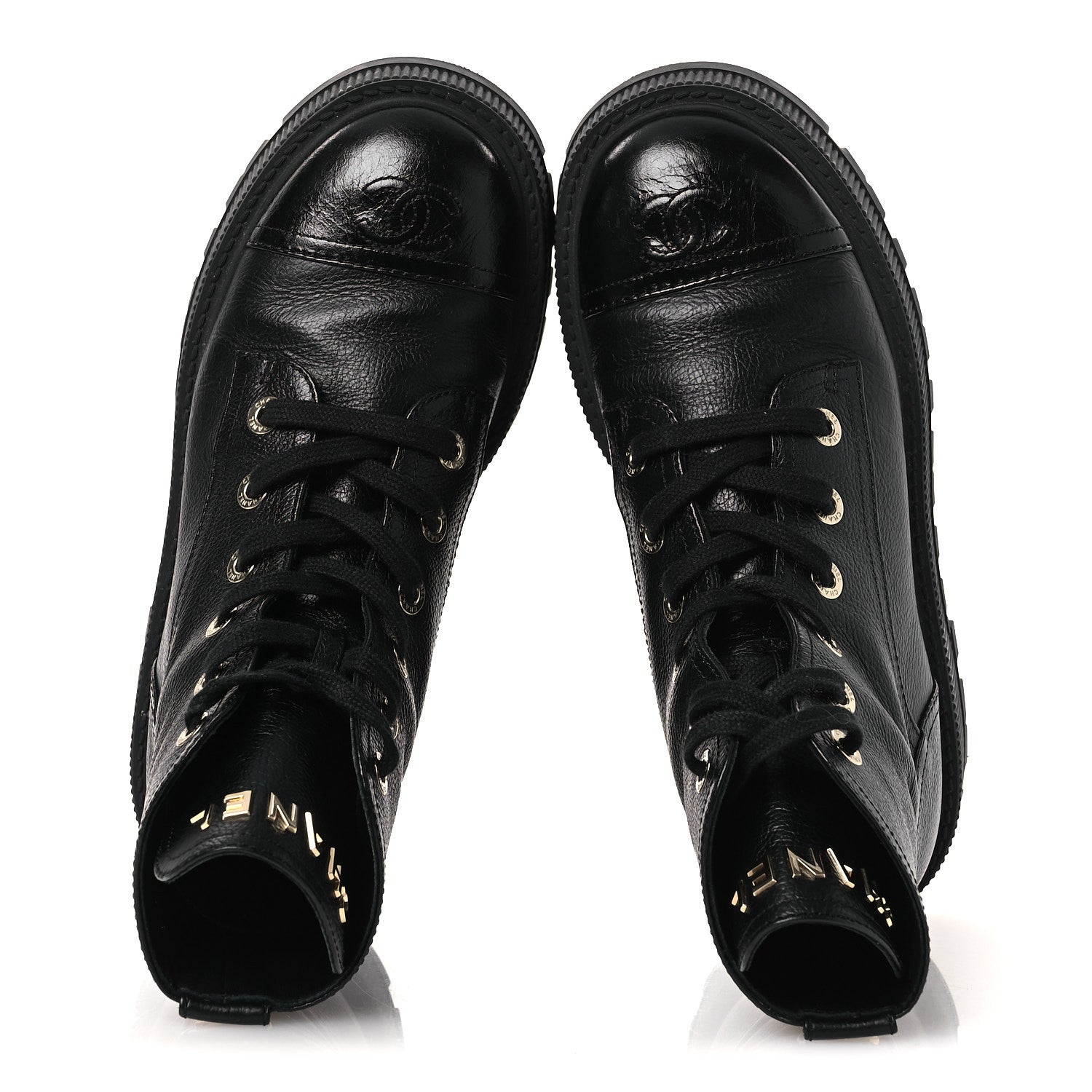 Grained Calfskin Shiny Calfskin CC Lace Up Combat Boots 37.5 Black