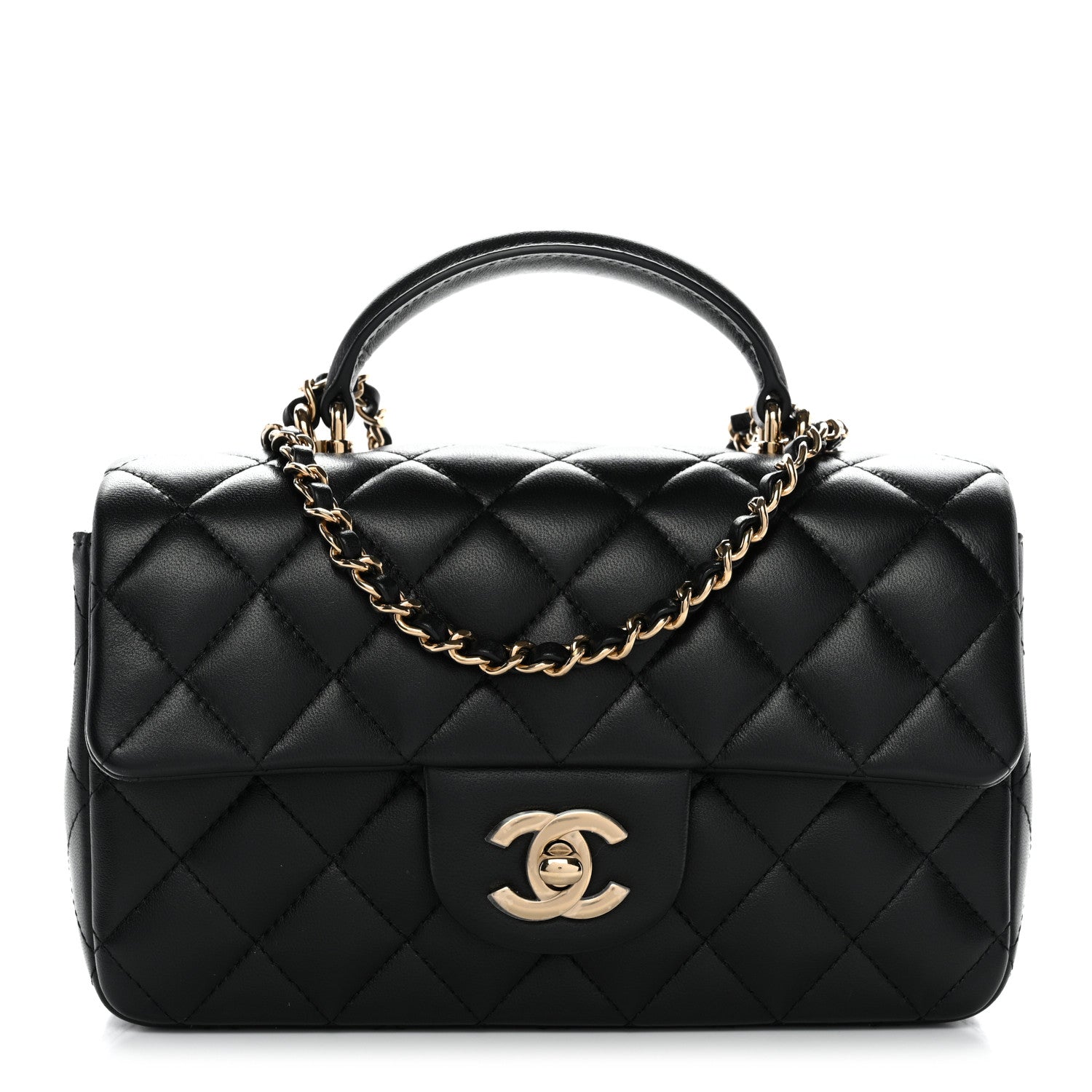 Lambskin Quilted Mini Top Handle Rectangular Flap Black