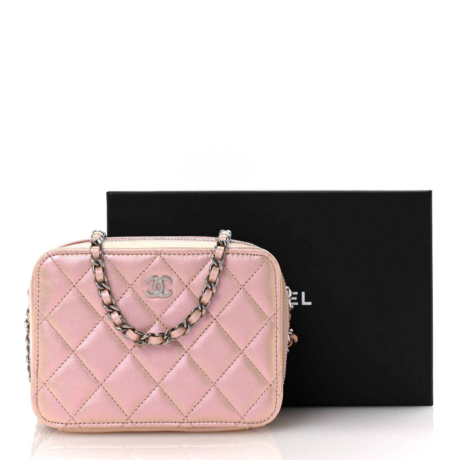 Iridescent Calfskin Quilted Camera Bag Pink