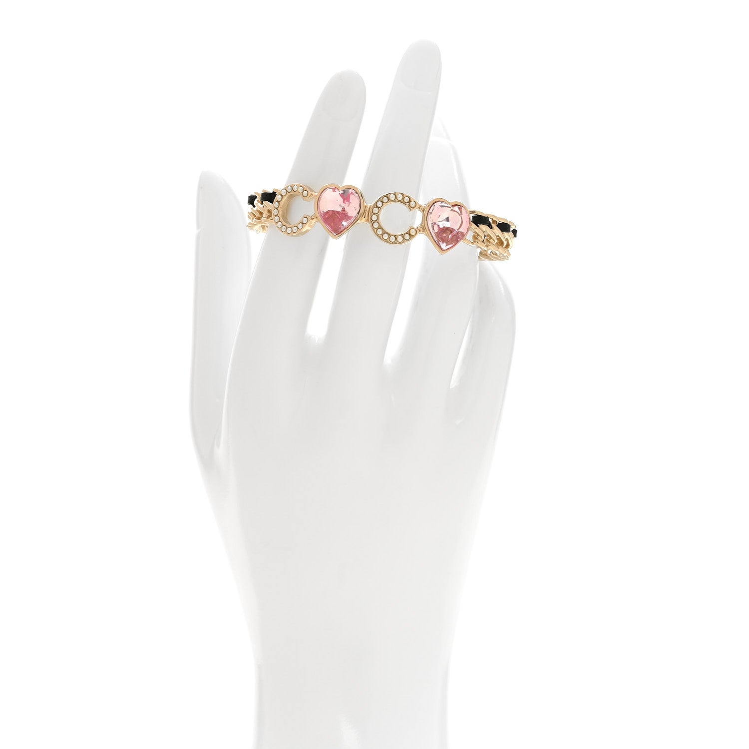 Crystal Pearl Coco Heart Chain Cuff Bracelet M Pink