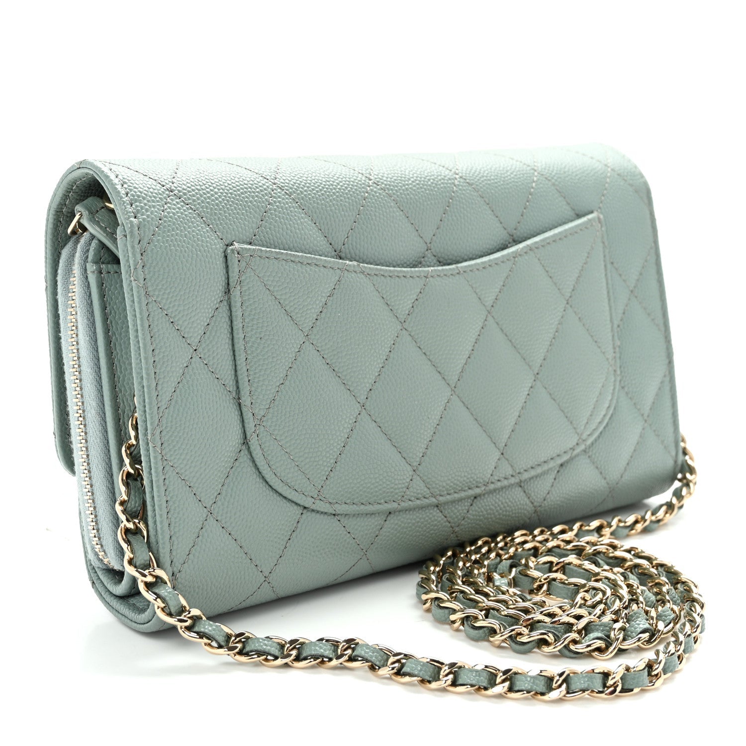 Caviar Quilted Phone Holder Wallet on Removable Chain Light Blue