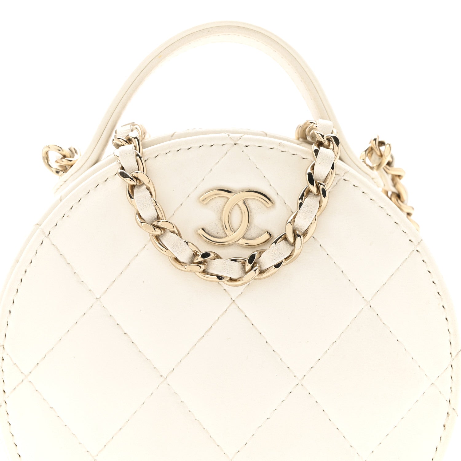 Lambskin Quilted Round Handle With Care Vanity With Chain White
