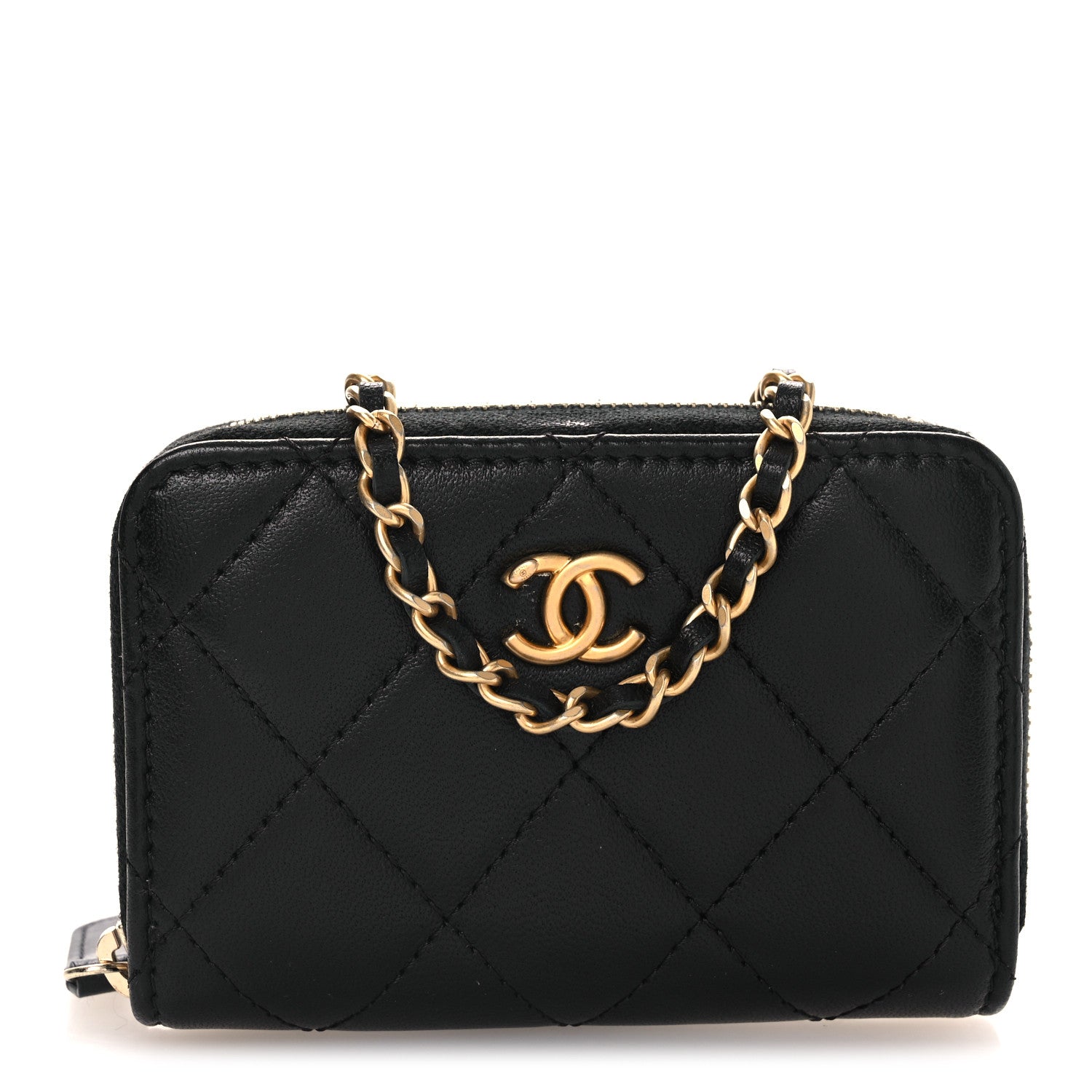 Lambskin Quilted CC Pearl Crush Zip Card Holder On Chain Black