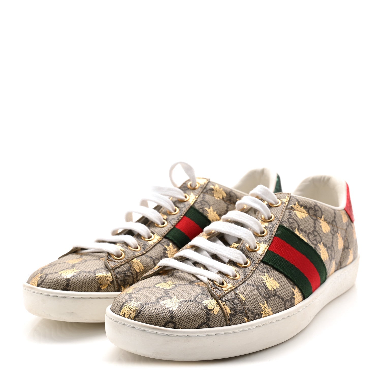 GG Supreme Monogram Bees Ayers Web Womens Ace Sneakers 38.5 Beige Oro Green Red