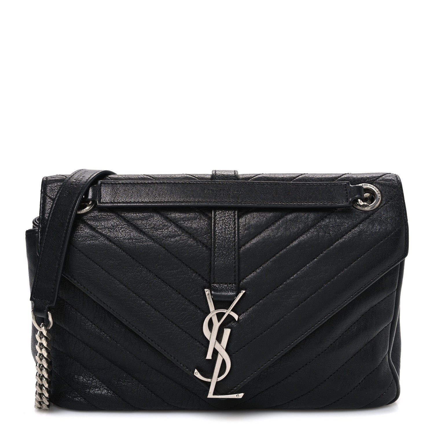 Grained Calfskin Matelasse Chevron Medium Monogram Chain Bag Black