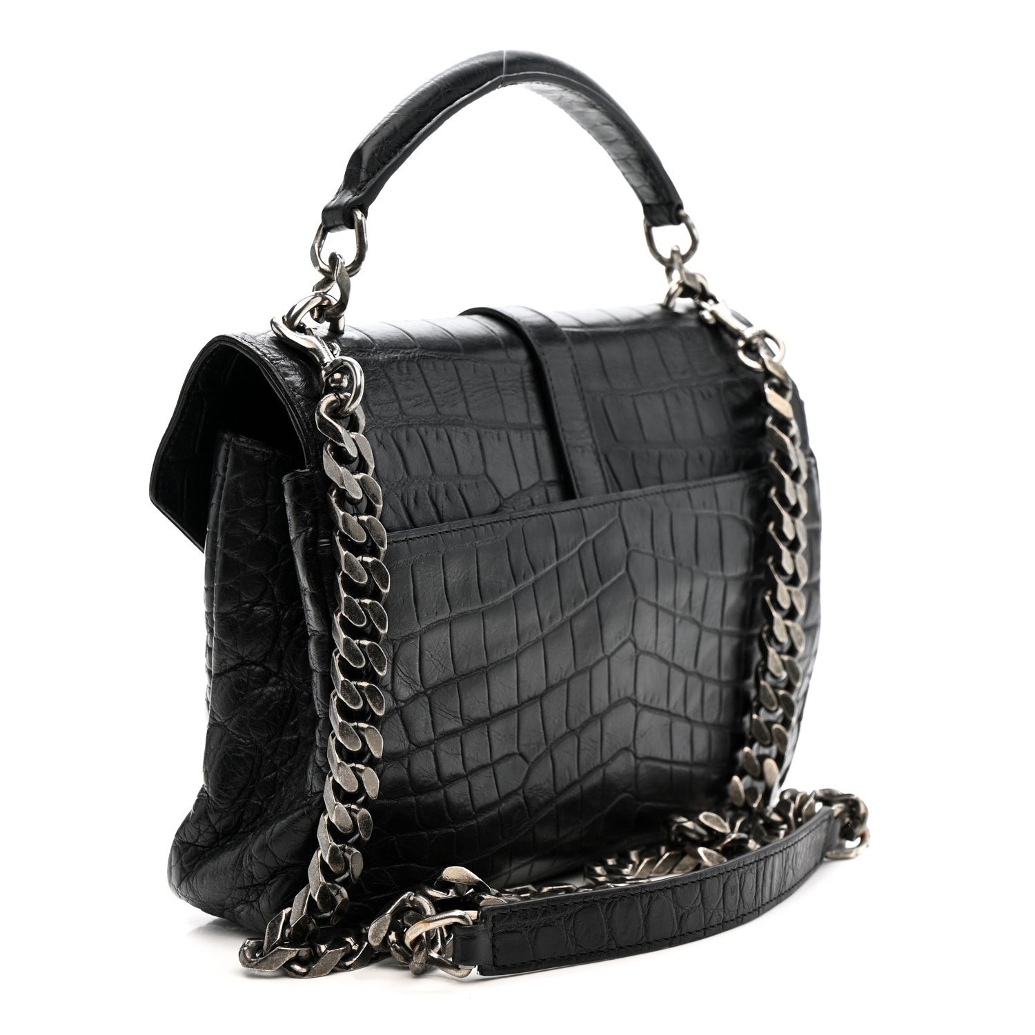 Calfskin Crocodile Embossed Medium College Monogram Satchel Black