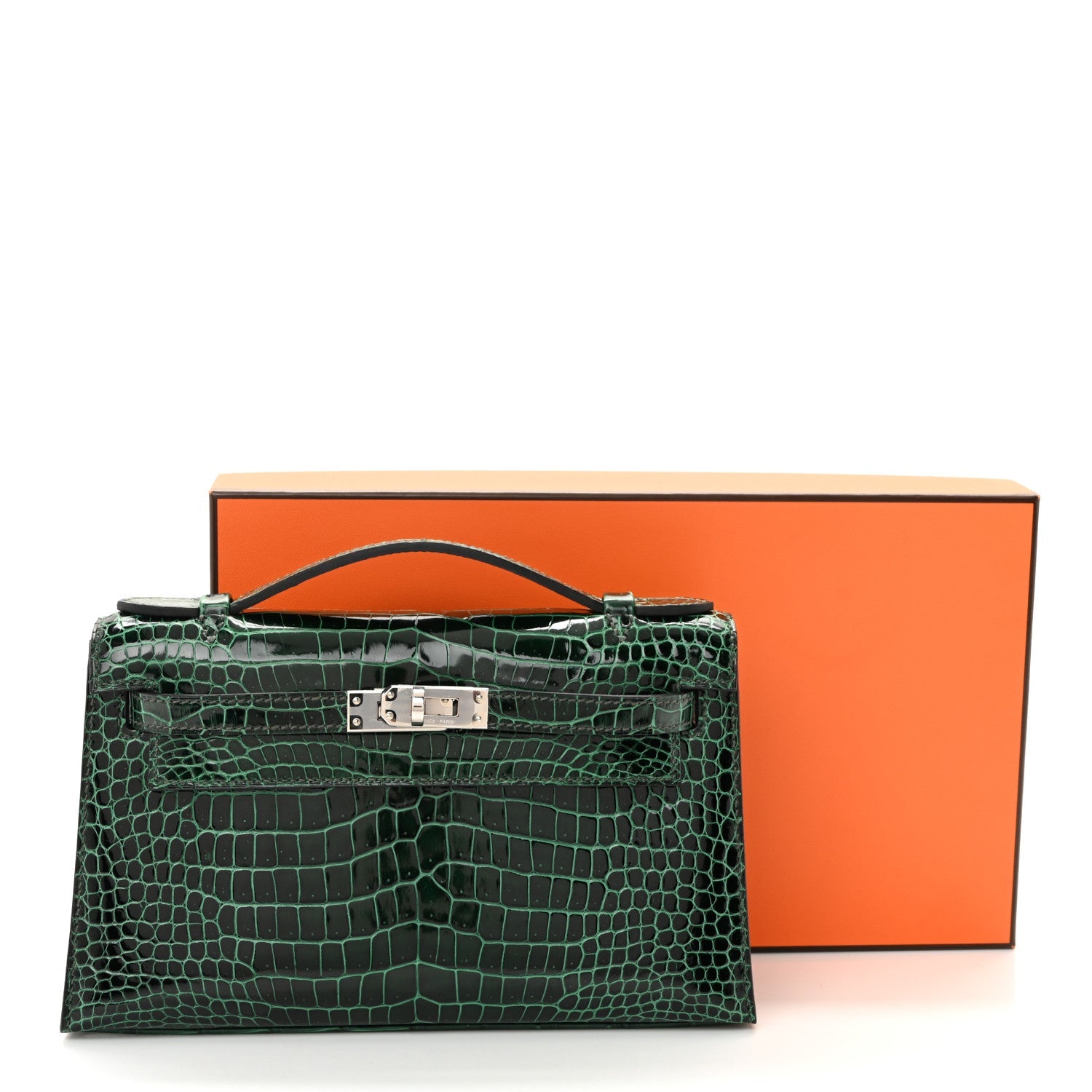 Shiny Porosus Crocodile Kelly Pochette Vert Cypress