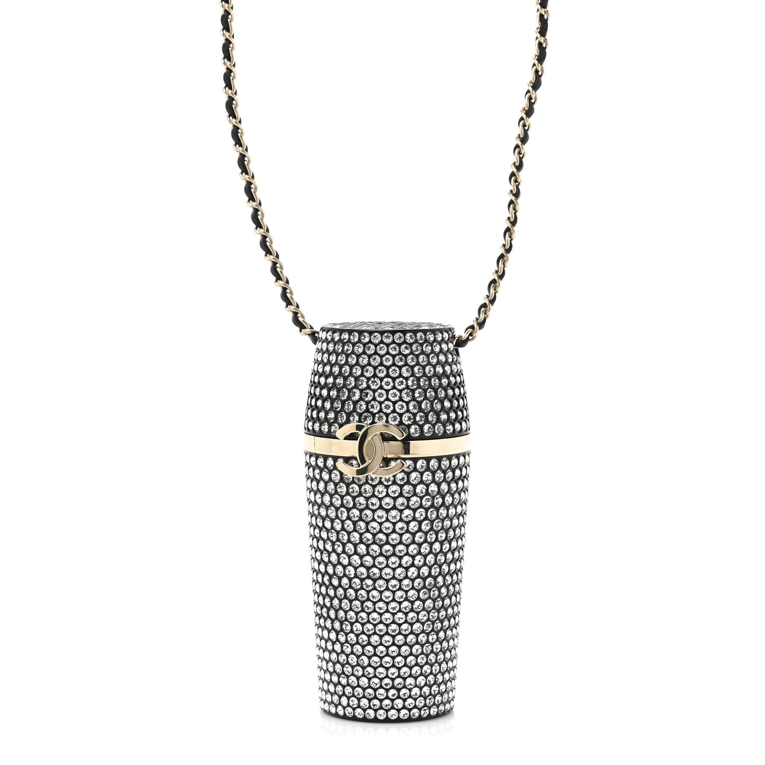 Metal Resin Lambskin Crystal Lipstick Case Long Necklace On Chain Silver Black Gold