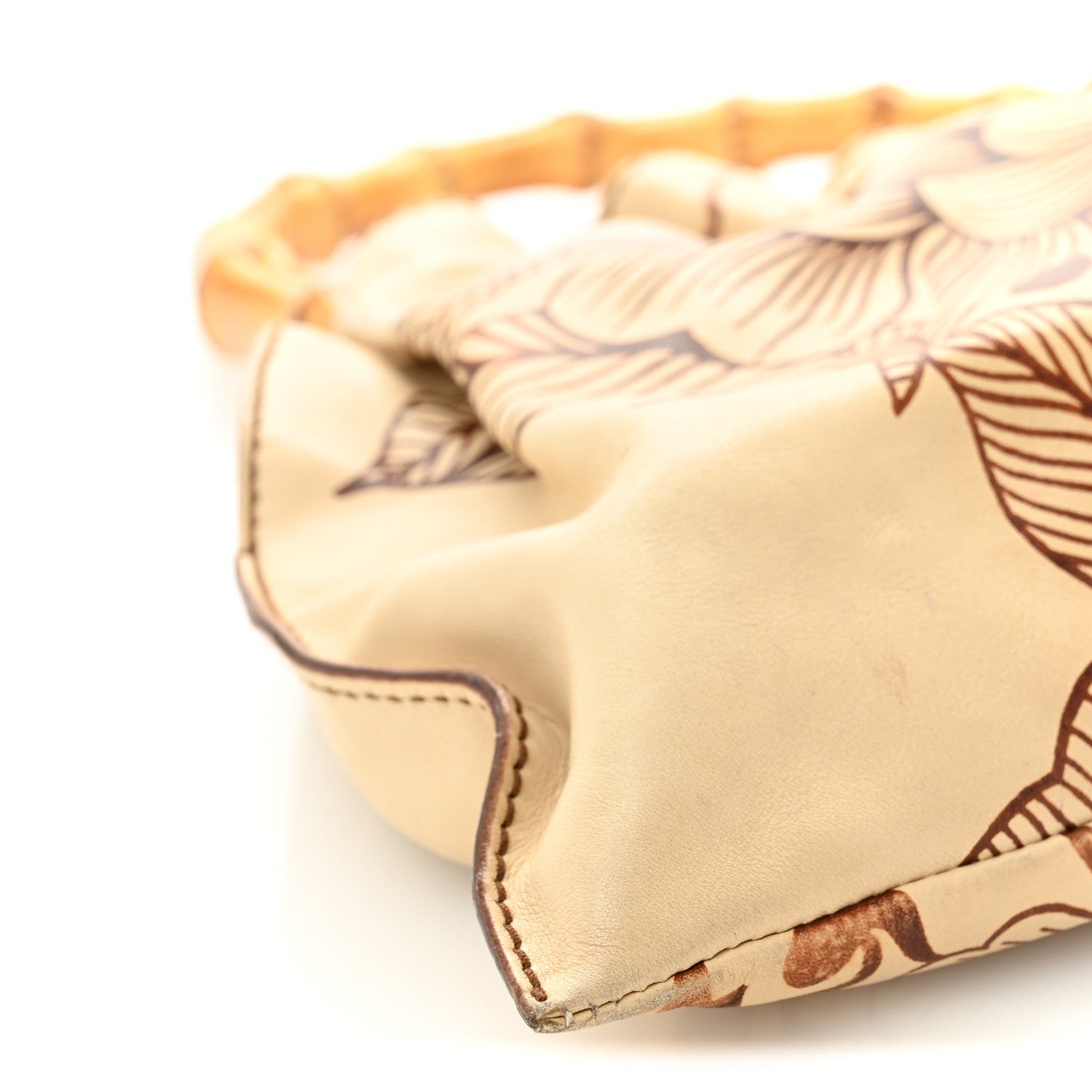 Calfskin Floral Printed Bamboo Top Handle Frame Bag Beige Brown