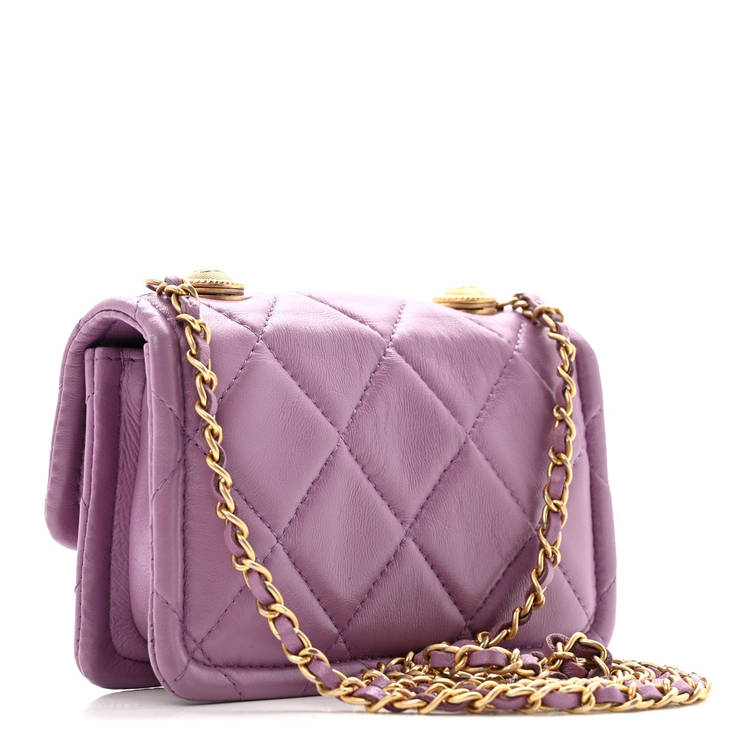 Shiny Lambskin Quilted Extra Mini Flap Purple