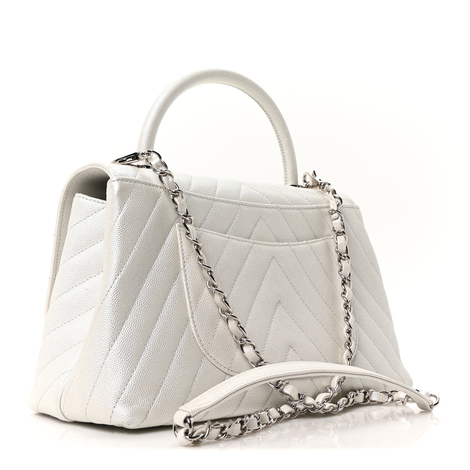 Iridescent Caviar Chevron Quilted Small Coco Handle Flap White